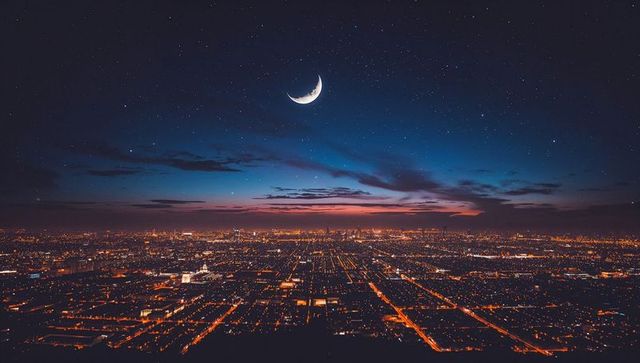 Twilight Cityscape with Crescent Moon and Urban Grid Design
