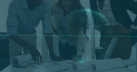 Digital Futuristic Overlay on Diverse Business Team Collaboration