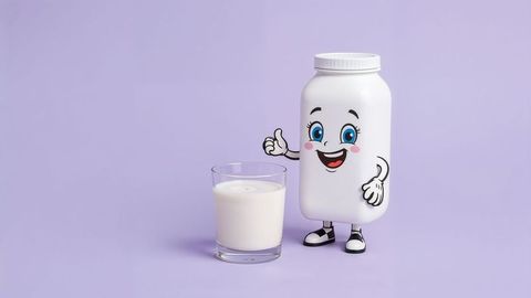 Cartoon Milk Bottle Giving Thumbs-Up with Glass of Milk