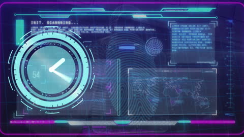 Futuristic Interface with Neon Ticking Clock on Data Processing Screen
