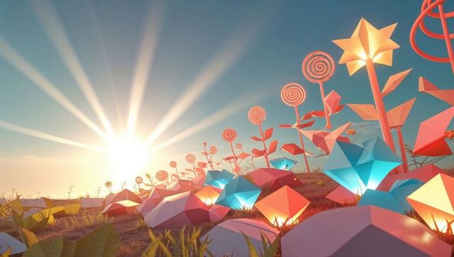 Glowing Low-Poly Flowers at Sunrise with Geometric Designs
