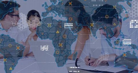 Global business team collaborating over reports with data visualization and map overlay