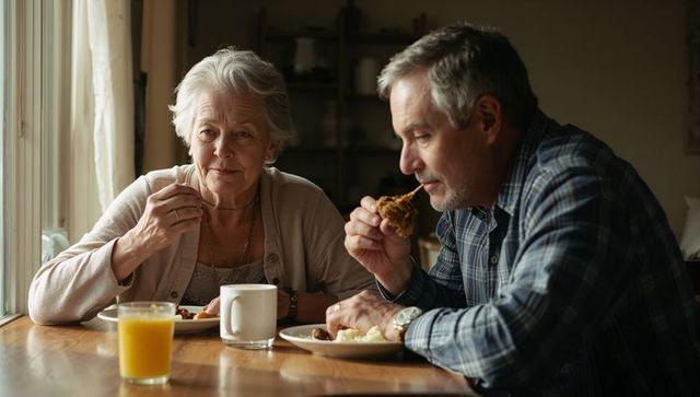 Senior mother and adult son sharing cozy home-cooked meal by sunlit window, family bonding
