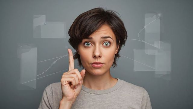 Pointing woman gesturing upward with futuristic UI panels and flowing data lines