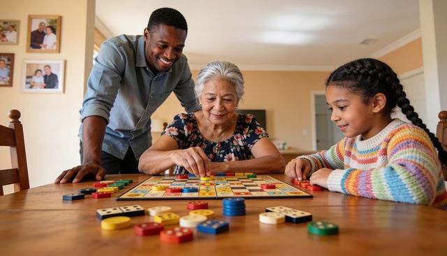 Multigenerational family playing colorful board game at dining table, joyful home bonding