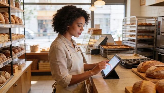 Bakery worker using tablet for orders and inventory while arranging artisan bread on counter