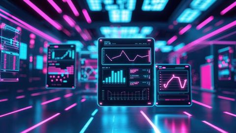 Futuristic holographic data panels in neon digital corridor