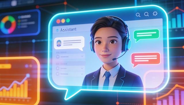 3d virtual assistant avatar answering chats with headset in neon analytics dashboard ui