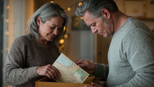 Senior couple examining map together by cozy kitchen lights