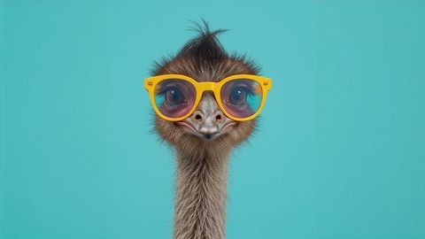Whimsical emu in bright yellow glasses on teal background