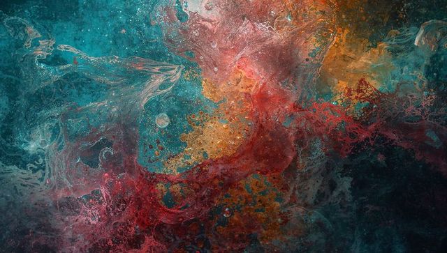 Dynamic swirling abstract fluid with teal, crimson and gold