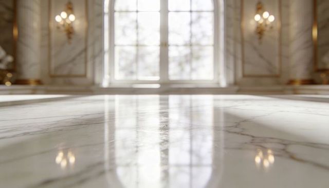 Polished white marble floor reflecting arched window and gilded sconces in neoclassical ballroom