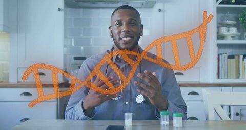 Medical Professional Discussing DNA Research in Modern Kitchen