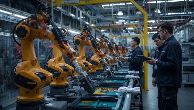 Engineers Overseeing Automated Robotic Arm Assembly Line in Modern Factory