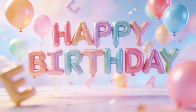 Pastel metallic happy birthday foil balloons floating with confetti and colorful backdrop