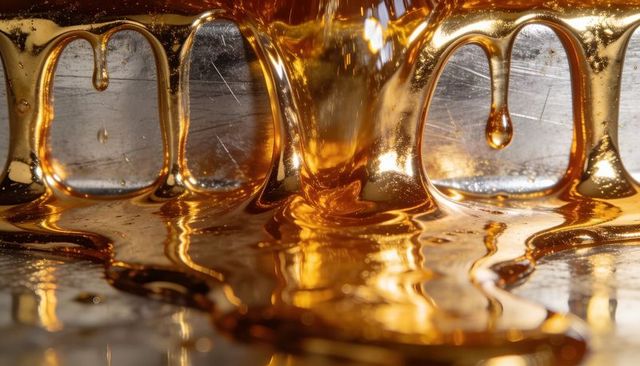 Macro syrup and honey dripping through stainless slots amber viscous flow glossy reflection
