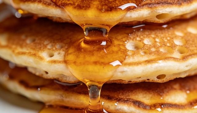 Pouring maple syrup over fluffy pancake stack close-up glossy amber drizzle