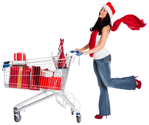 Joyful Woman with Christmas Shopping Cart Transparent Background