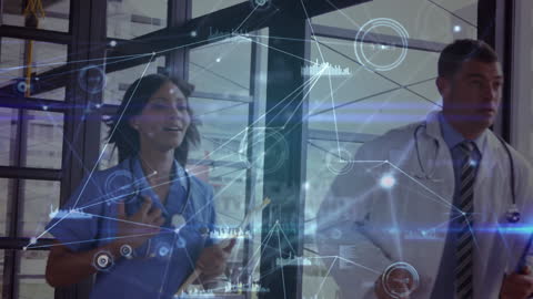 Doctors Running with Futuristic Digital Interface Overlay