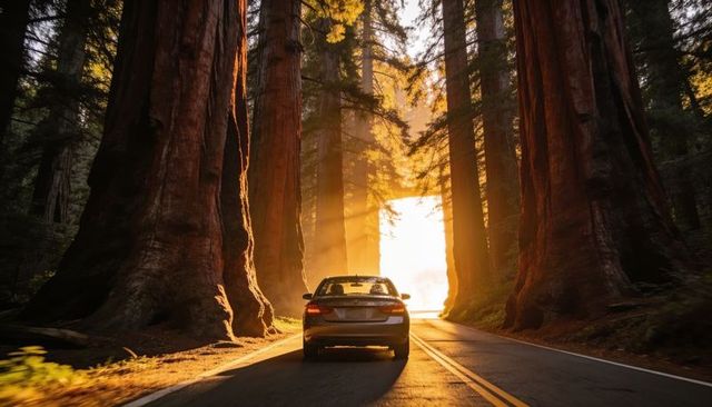 Sedan driving through towering redwood tunnel with golden sunbeams on scenic two-lane road