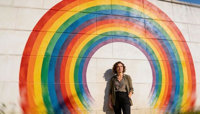 Confident woman standing and posing in front of vibrant rainbow mural on urban wall