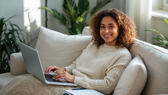 Smiling woman working on laptop in cozy home, wrapped in throw, bathed in natural light