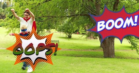 Man in red cape chasing masked child on park lawn with comic pop art oops boom overlays