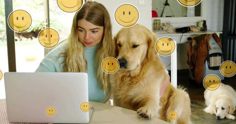 Woman with Golden Retriever Using Laptop in Cozy Home Environment