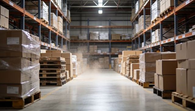 Warehouse aisle stretching between pallet racks with stacked boxes and wrapped pallets