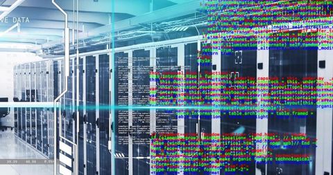 Reflective Data Center Server Racks with Multicolor Code Overlay Visualizing Cybersecurity