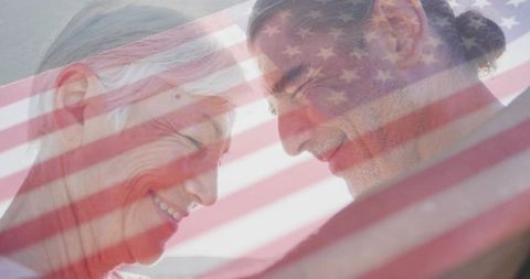 Mature Mother and Son Connecting Under American Flag Overlay