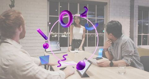 Presenting woman leading team meeting with augmented reality overlays in modern office
