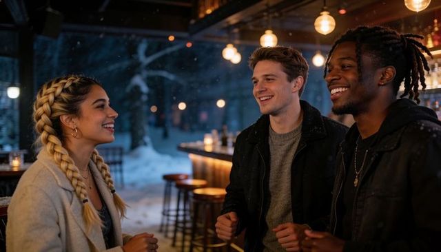 Friends chatting at cozy winter bar under warm lights, smiling and enjoying snowy evening