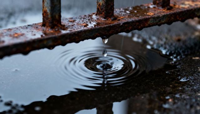 Falling water droplet creating concentric ripples in puddle under rusted iron railing
