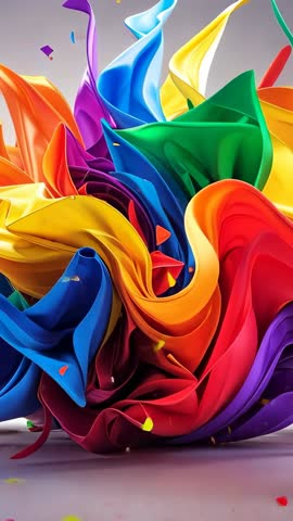 Vertical video: Vibrant ribbons dancing and folding in studio breeze with confetti