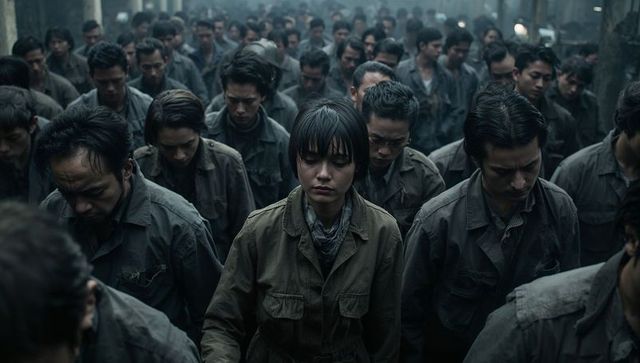 Somber workforce bowing in industrial factory setting