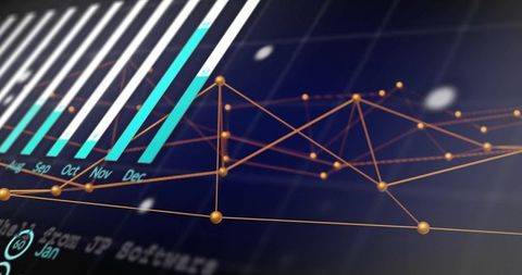 3D Network Data Visualization with Teal Bars and Golden Node Connections for Analytics