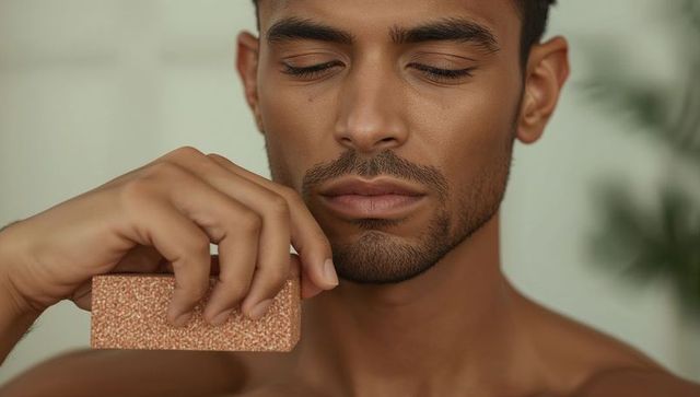 Male grooming closeup holding exfoliating sponge, grooming jawline with serene expression