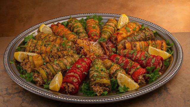 Colorful mediterranean stuffed vegetable rolls on silver platter with lemon and herbs