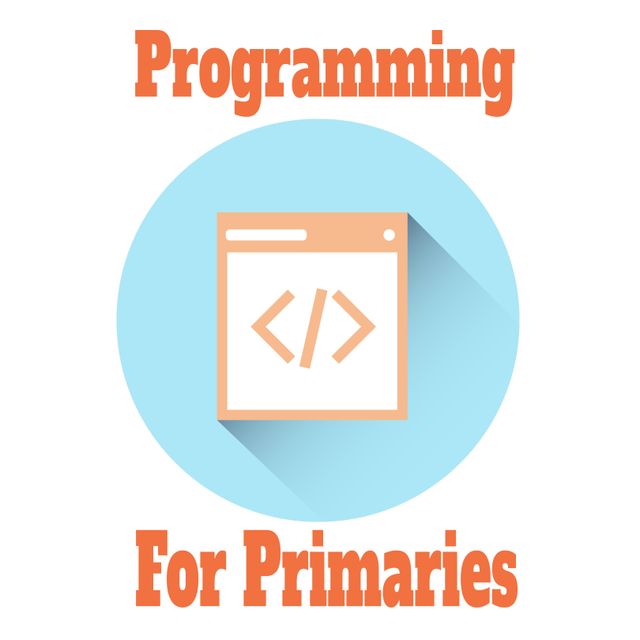 Illustration of simplified code icon with text 'Programming For Primaries'. Useful for promoting beginner coding programs, educational materials, children’s coding classes, and digital learning resources aimed at young students.