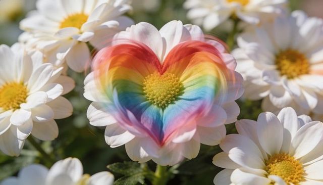 Blooming white daisy with rainbow heart motion overlay — macro floral love and pride
