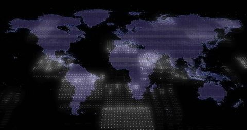 Futuristic World Map with Digital Grid and Glowing Code