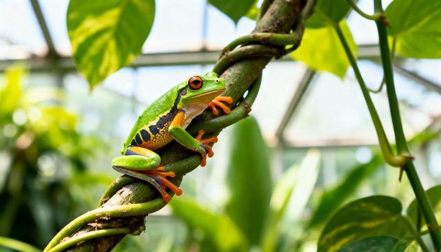 Vibrant red-eyed tree frog perching on twisted vine amid lush greenhouse foliage