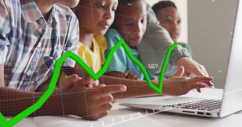 Diverse schoolchildren exploring data on laptop