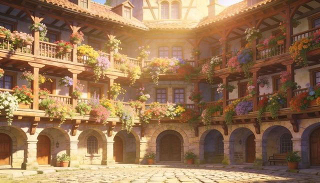 Sunlit Rustic Courtyard with Wooden Balconies Overflowing with Colorful Flower Boxes