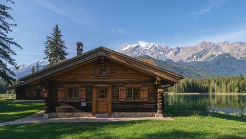 Rustic Log Cabin Sitting on Manicured Lawn Facing Calm Alpine Lake with Flower Boxes