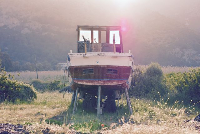 Picture showcasing an old, abandoned fishing boat standing in an overgrown field illuminated gently by sunlight. Ideal for projects involving themes of abandonment, rustic charm, and nature's reclamation. Excellent for advertising outdoor adventures, rustic decorations, or vintage-inspired designs.