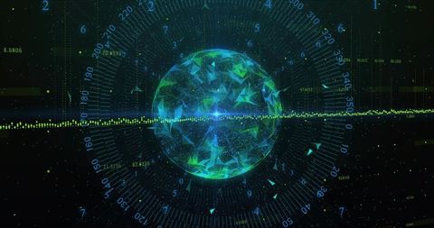 Holographic data orb reacting to waveform surge with neon hud dial and prismatic shards