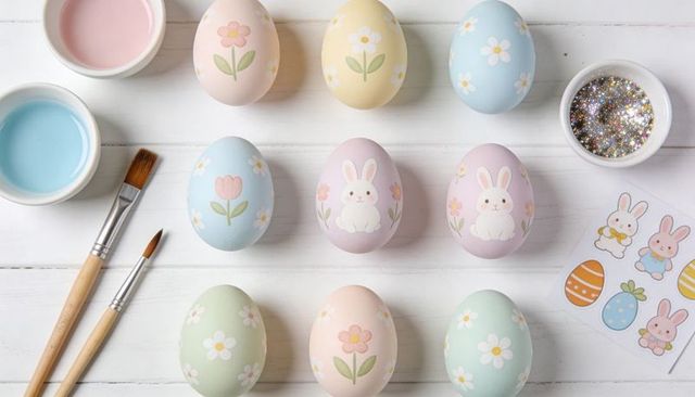 Pastel easter eggs grid with hand-painted bunnies and floral designs on white wood