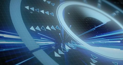 Pulsing neon ring on futuristic holographic grid with radial motion streaks, chevrons